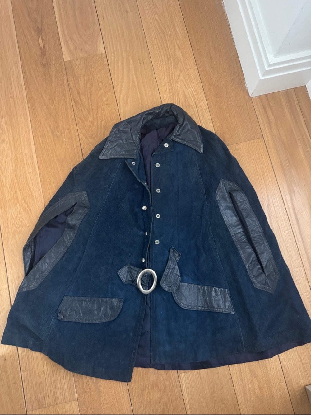 Vintage blue suede and leather poncho